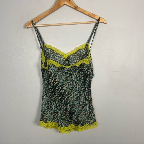 Vintage Express Design Studios Y2K 100% silk green lace floral tank size small - Picture 7 of 7